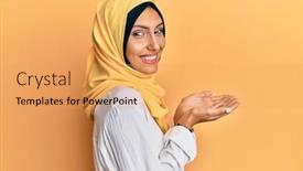  Presentation with woman hands open - Slide set having young-brunette-arab-woman-wearing background and a yellow colored foreground
