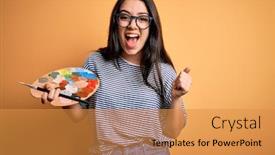  Presentation with artist - Colorful presentation design enhanced with young-brunette-artist-woman-painting backdrop and a gold colored foreground