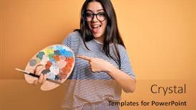  Presentation with artist - Beautiful presentation featuring young-brunette-artist-woman-painting backdrop and a yellow colored foreground