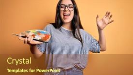  Presentation with hands holding - Slides featuring young-brunette-artist-woman-painting background and a tawny brown colored foreground