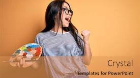  Presentation with artist - Cool new slide deck with young-brunette-artist-woman-painting backdrop and a yellow colored foreground