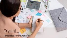  Presentation with notebook page - Colorful slides enhanced with young-brunette-businesswoman-bending-over backdrop and a coral colored foreground