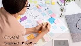  Presentation with notepaper - PPT theme enhanced with young-brunette-businesswoman-making-notes background and a coral colored foreground