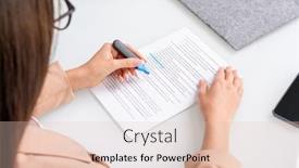  Presentation with points - Colorful PPT theme enhanced with young-brunette-businesswoman-underlining-main backdrop and a lemonade colored foreground