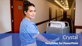  Presentation with hotel - Audience pleasing slide deck consisting of young brunette chamber maid in uniform looking at you while pushing cart along corridor in hotel in the morning backdrop and a teal colored foreground