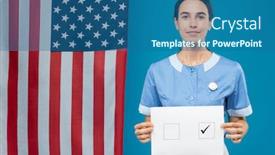  Presentation with blue squares - Presentation design consisting of young-brunette-chambermaid-in-blue background and a ocean colored foreground