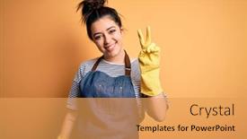  Presentation with housekeeping - Presentation theme enhanced with young-brunette-cleaner-woman-wearing background and a yellow colored foreground