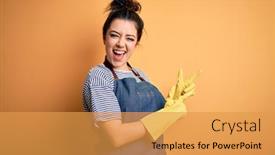 Presentation with housekeeping - Audience pleasing PPT theme consisting of young-brunette-cleaner-woman-wearing backdrop and a yellow colored foreground