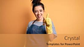  Presentation with housekeeping - Presentation theme having young-brunette-cleaner-woman-wearing background and a yellow colored foreground