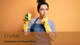  Presentation with housekeeping - Presentation theme featuring young-brunette-cleaner-woman-wearing background and a red colored foreground
