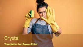  Presentation with housekeeping - PPT theme consisting of young-brunette-cleaner-woman-wearing background and a tawny brown colored foreground