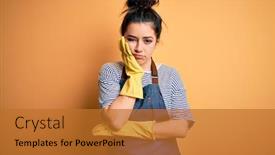  Presentation with housekeeping - Amazing presentation theme having young-brunette-cleaner-woman-wearing backdrop and a gold colored foreground
