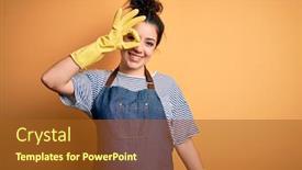  Presentation with housekeeping - Audience pleasing presentation consisting of young-brunette-cleaner-woman-wearing backdrop and a tawny brown colored foreground