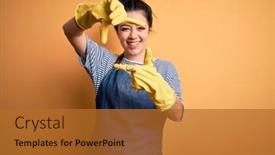  Presentation with housekeeping - Audience pleasing slide deck consisting of young-brunette-cleaner-woman-wearing backdrop and a gold colored foreground