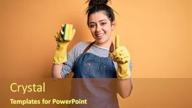  Presentation with housekeeping - Slide set featuring young-brunette-cleaner-woman-wearing background and a red colored foreground