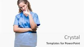 Presentation with nurse thinking - Presentation theme having young brunette doctor girl wearing nurse or surgeon uniform over isolated background thinking looking tired and bored with depression problems with crossed arms background and a white colored foreground
