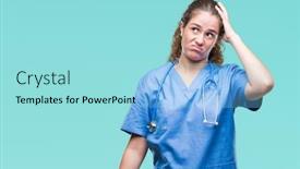  Presentation with nurse thinking - Beautiful presentation theme featuring young brunette doctor girl wearing nurse or surgeon uniform over isolated background confuse and wonder about question uncertain with doubt thinking with hand on head pensive concept backdrop and a arctic colored foreground