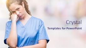  Presentation with nurse thinking - Amazing slides having young brunette doctor girl wearing nurse or surgeon uniform over isolated background thinking looking tired and bored with depression problems with crossed arms backdrop and a light blue colored foreground