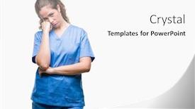  Presentation with nurse thinking - Cool new presentation theme with young brunette doctor girl wearing nurse or surgeon uniform over isolated background thinking looking tired and bored with depression problems with crossed arms backdrop and a white colored foreground