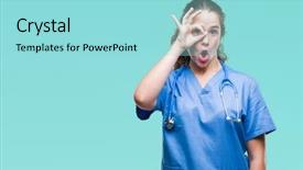  Presentation with eye doctor - Slide set enhanced with young brunette doctor girl wearing background and a arctic colored foreground