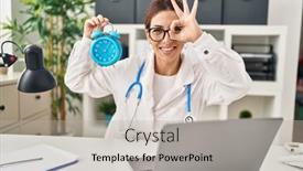  Presentation with eye doctor - Slide set having young-brunette-doctor-woman-holding background and a  colored foreground