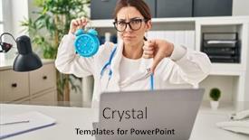  Presentation with clock face - Presentation theme enhanced with young-brunette-doctor-woman-holding background and a light gray colored foreground