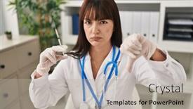  Presentation with syringe - Slides having young-brunette-doctor-woman-holding background and a light gray colored foreground