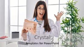  Presentation with hands holding - Slide deck enhanced with young-brunette-doctor-woman-holding background and a light gray colored foreground