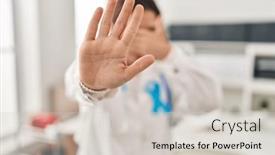  Presentation with sad woman - Presentation theme consisting of young-brunette-doctor-woman-wearing background and a light gray colored foreground