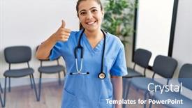  Presentation with waiting room - Theme featuring young-brunette-doctor-woman background and a teal colored foreground