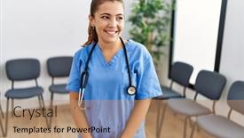  Presentation with waiting room - PPT theme having young-brunette-doctor-woman background and a  colored foreground