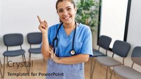  Presentation with waiting room - Presentation theme consisting of young-brunette-doctor-woman background and a coral colored foreground