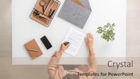  Presentation with points - Beautiful slide deck featuring young-brunette-elegant-businesswoman-underlining backdrop and a coral colored foreground