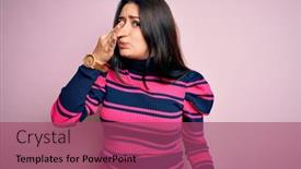  Presentation with breath - Presentation design having young-brunette-elegant-woman-wearing background and a violet colored foreground