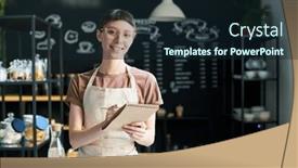  Presentation with cafeteria - PPT theme with young-brunette-female-clerk background and a  colored foreground