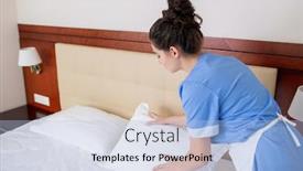  Presentation with bed hotel - Slide deck enhanced with young brunette female in blue uniform and white apron bending over bed while changing pillows in hotel room background and a light blue colored foreground