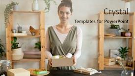  Presentation with smart - Amazing PPT theme having young-brunette-female-in-smart backdrop and a mint green colored foreground