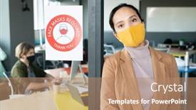  Presentation with announcement - Colorful theme enhanced with young-brunette-female-office-worker backdrop and a coral colored foreground
