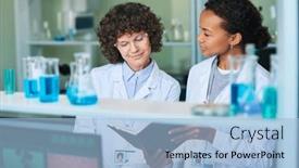 Presentation with lab coat - PPT layouts enhanced with young-brunette-female-researcher background and a  colored foreground