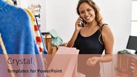  Presentation with clothes shop - PPT theme consisting of young-brunette-girl-buying-clothes background and a coral colored foreground