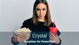  Presentation with soda - Slide deck having young-brunette-girl-eating-popcorn background and a ocean colored foreground