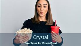  Presentation with soda - Beautiful PPT layouts featuring young-brunette-girl-eating-popcorn backdrop and a ocean colored foreground