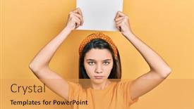  Presentation with blank - Slide set featuring young-brunette-girl-holding-blank background and a yellow colored foreground