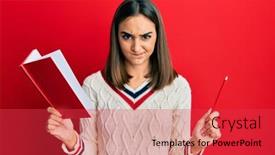  Presentation with pen and a book - Slide deck featuring young-brunette-girl-holding-book background and a red colored foreground