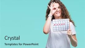  Presentation with happy young student girl holding - PPT theme consisting of young brunette girl holding menstruation background and a arctic colored foreground