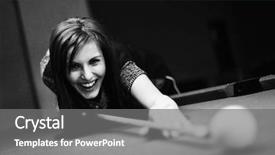  Presentation with hipster girl playing tetris game - PPT theme enhanced with young brunette girl playing snooker background and a gray colored foreground