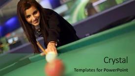  Presentation with hipster girl playing tetris game - Slide set featuring young brunette girl playing snooker background and a ocean colored foreground