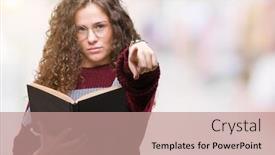  Presentation with book glasses - Colorful theme enhanced with young brunette girl reading a book wearing glasses over isolated background pointing with finger to the camera and to you hand sign positive and confident gesture from the front backdrop and a coral colored foreground