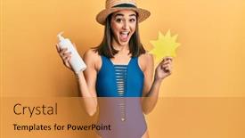  Presentation with sunscreen - PPT theme enhanced with young-brunette-girl-wearing-swimsuit background and a gold colored foreground