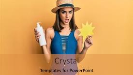  Presentation with sunscreen - Slide deck having young-brunette-girl-wearing-swimsuit background and a gold colored foreground